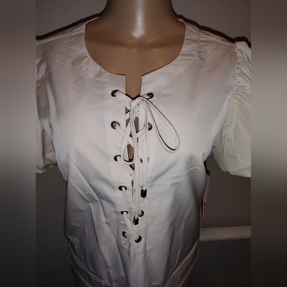 LDT Lace Up Split Round Neck Short Puff Sleeve Mini Dress - Picture 5 of 12